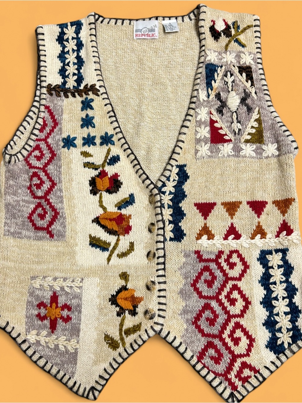 Vintage Denim Republic Cream Embroidered Patchwork Sweater Vest -